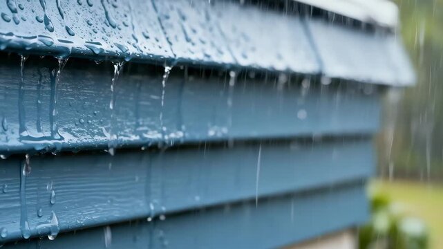 Medium shot of rainwater effortlessly washing dirt off selfcleaning siding highlighting its maintenancefree coating during wet weather.
