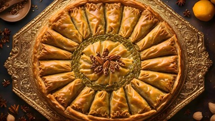Obraz premium Baklava with nuts on the crust, rich baked surface and warm tones of a homemade dessert placed on a table with detailed texture and inviting atmosphere