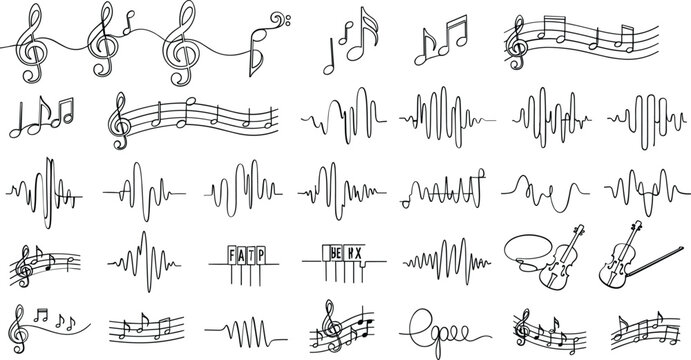 Doodle art of music notes, sound waves, and violins