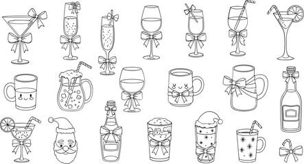 Festive drinks and holiday items outlines with bows