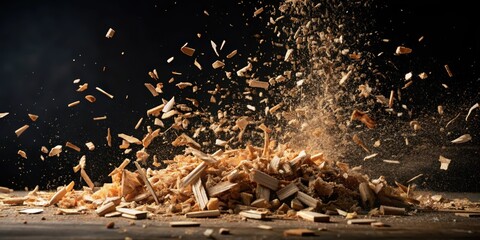 Fine wood chips scattered in a chaotic explosion on a dark and contrasting black background