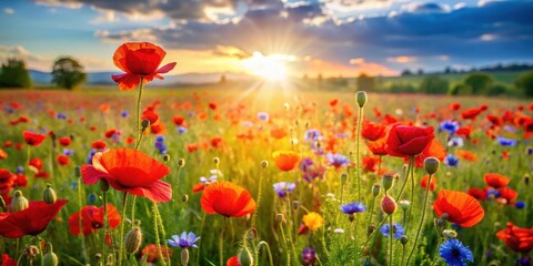 Fototapeta premium A vibrant red poppy field in a sun-kissed summer meadow with a gentle breeze blowing, surrounded by lush green grass and wildflowers of various colors, countryside, outdoors