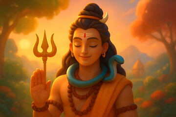 Peaceful depiction of a deity in a serene sunset landscape