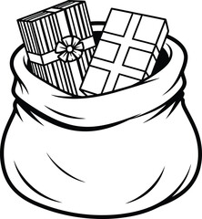 Santa sack with present boxes for celebrating new year and holiday season. Present boxes with traditional ornament decoration in a flat design in black and white.