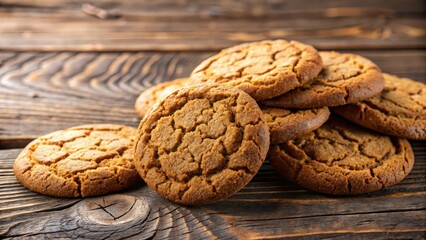 Close-up of delicious ginger snaps cookies on a rustic wooden table, cookie lover