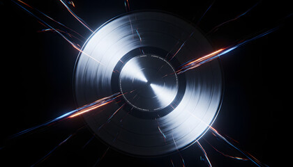 Dynamic visual of a gleaming silver vinyl record intertwined with glowing blue and orange light trails, symbolizing music, technology, and energetic sound waves against a dark, abstract background.