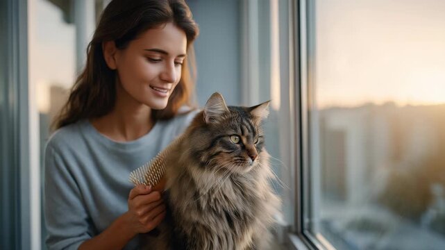 Young woman gently brushing her fluffy Maine Coon cat by a bright window, both enjoying a peaceful morning together. The scene radiates warmth, care, and companionship