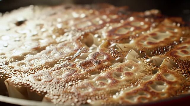 Close-up of delicious golden brown pan-fried gyoza dumplings sizzling in a hot skillet, showcasing a crispy texture