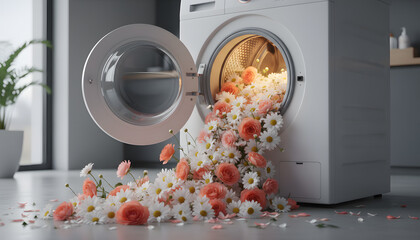 Beautiful pink roses and white daisies spill out of an open washing machine, creating a vibrant display of natural freshness and a clean, delicate aroma in a modern home.