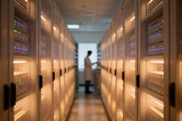 Generative AI: Scientist inspecting high-tech data servers.