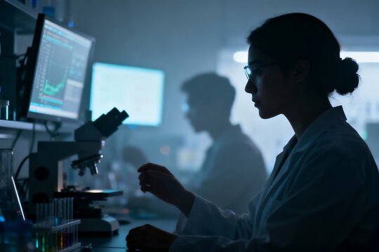 Generative AI scientific study in a dark lab setting focused on data analysis.