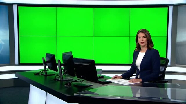A news anchor sits in a modern studio with a green screen backdrop.