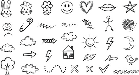Hand-drawn doodle set of common everyday symbols