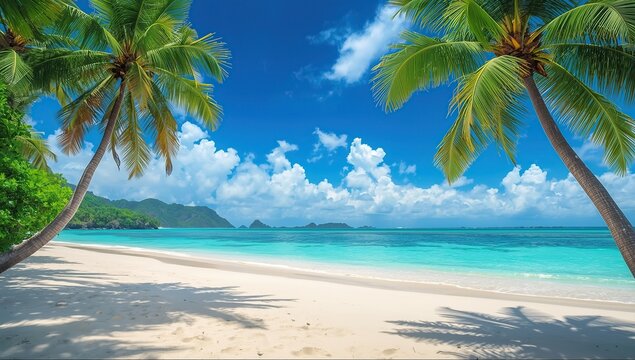 A serene tropical beach scene featuring two palm trees leaning over soft white sand, turquoise-blue crystal-clear water, and a bright blue sky