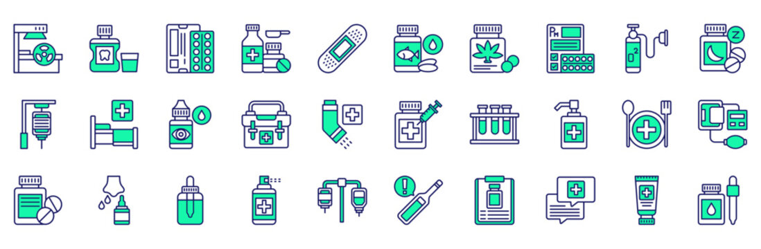 Treatments icons collection. Vector illustration. Radiotherapy, Mouthwash, Blister pack, Medication, Plaster, Fish oil, Drugs. Pro Vector
