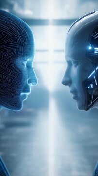 Futuristic digital and robotic human faces confront each other in a high tech environment, symbolizing artificial intelligence evolution. Blue neon lights highlight advanced technology