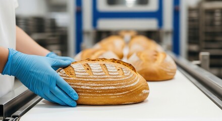Qualitätskontrolle in der industriellen Bäckerei: Mitarbeiter mit blauen Handschuhen prüft frisches Brot auf dem Förderband in der Lebensmittelfabrik
