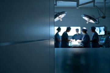 Generative AI surgical team collaborating on a patient procedure in a modern hospital setting.