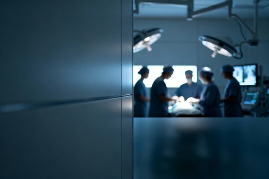 Generative AI surgical team collaborating on a patient procedure in a modern hospital setting.