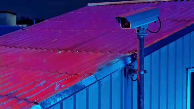 Medium shot of a fixedmount thermal sensor installed on a building continuously monitoring temperature changes on the roof surface with clear thermal fluctuations