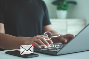 Multi-factor authentication concept. Man typing password on laptop to protect data account on internet with email message icon on mobile smartphone. cyber security in two-step verification.