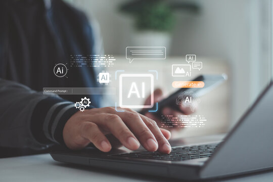 Man using laptop and smartphone with glowing AI interface icons, representing modern artificial intelligence technology, digital innovation, data processing and smart automation in everyday workflow.