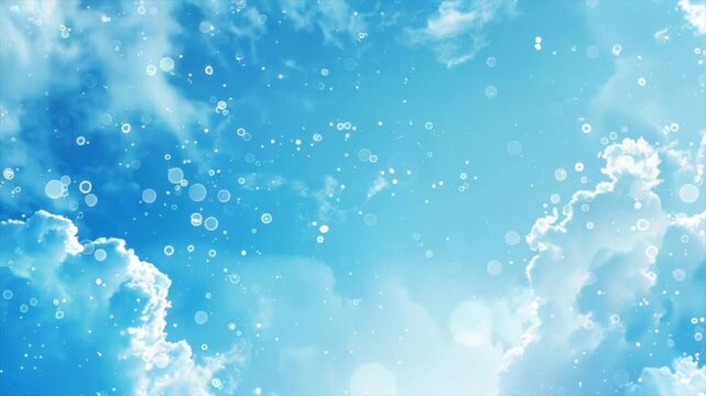 A bright blue sky with fluffy white clouds, with bubbles and sparkling points floating throughout
