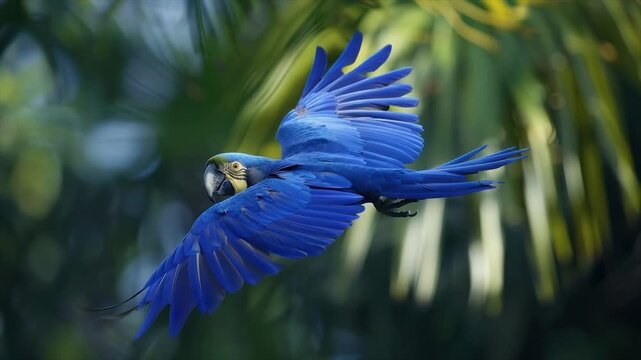 A vibrant blue parrot in mid-flight, wings spread wide, against a blurred green backdrop