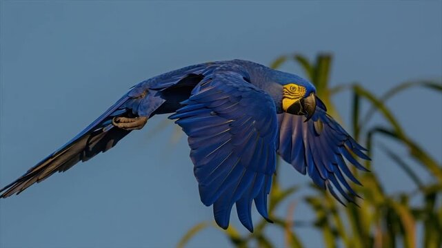A vibrant blue parrot in mid-flight, wings outstretched, yellow eye detail, against a soft sky