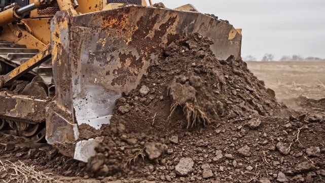 Bulldozer blade pushes dirt across open field Heavy machinery moves earth forward in slow motion Soil and roots displaced by mechanical force Ground level view