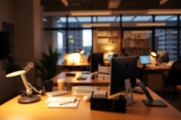 Generative AI: Blurred office workspace reflecting evening productivity.