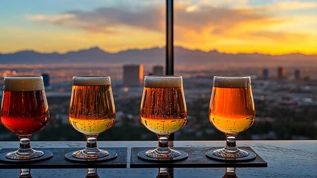 experiencing the diverse flavors of a meticulously crafted beer flight against the stunning backdrop of the las vegas skyline at sunset