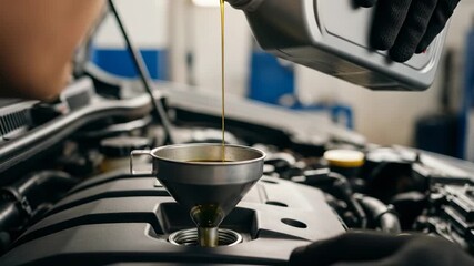 Pouring engine oil into car under maintenance. a mechanic's precision in automotive care.