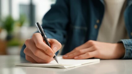 Closeup of a person writing with a pen on white paper at a desk, wearing a casual blue jacket. The scene captures focus, creativity, and productivity in a modern workspace environment