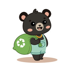 Fototapeta premium Cute cartoon bear dressed as janitor happily carries green recycling bag, promoting environmental awareness. bear cheerful expression adds playful touch to eco friendly theme