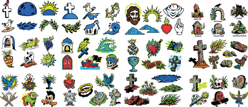 Tattoo flash style christian pilgrimage icons grid with crosses boats skulls waves sacred heart chalice mountains and labeled landmarks in bold outlined cartoon vector art