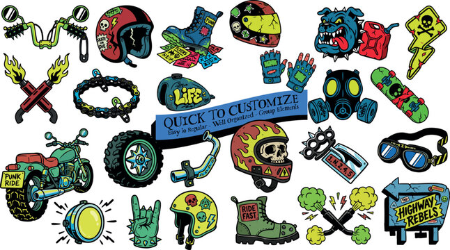 Skate punk vector flash set of rebellious motorcycle gear, flaming skull helmets, gloves, boots and biker badges arranged as colorful stickers on white background