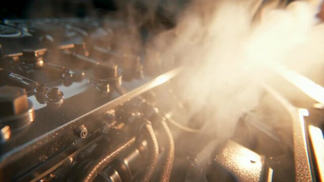 Steaming engine close up shows power and performance, ideal for automotive ads or documentaries about vehicle repair and maintenance