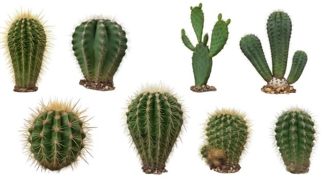 Various spiny green cacti are displayed against a white background, suggesting use in design
