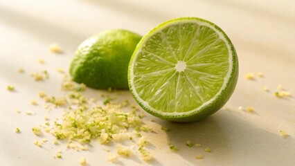 A sliced lime next to lime zest in a bright setting