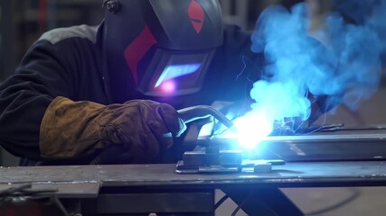 a captivating footage showcasing the meticulous process of a skilled welder joining metal pieces with precision and expertise in a workshop setting