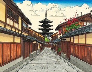 Naklejka premium 京都の街並み 五重の塔 イラスト