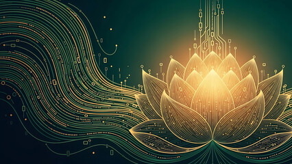 Glowing lotus flower with circuit board design and flowing lines on a dark green background art ai generated