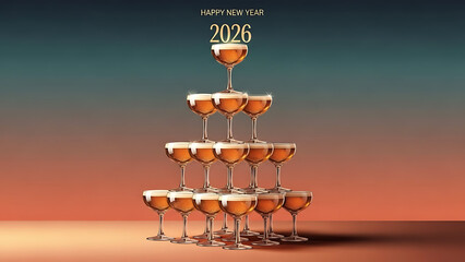 Champagne tower for new year celebrations with happy new year text and the year two thousand twenty six ai generated