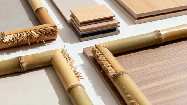 Medium shot capturing bamboo frames in ecoconscious design contrasting untreated raw edges with refined treated and laminated finishes for versatile uses