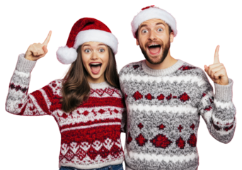 PNG Young couple with surprise faces wearing sweaters happy background santa.