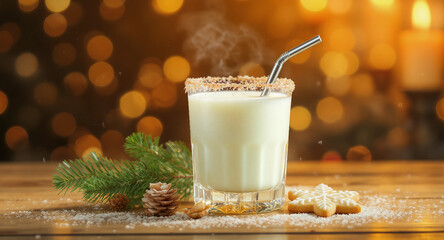 A steaming glass of eggnog topped with cinnamon sits on a wooden table, decorated with festive cookies and pine, creating a warm holiday atmosphere. Christmas and New Year party