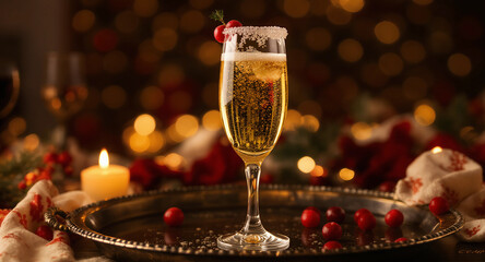 A festive champagne glass garnished with cherries and festive decorations, set on a tray against a warm, blurred background of holiday lights. Christmas and New Year party