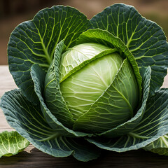 Fototapeta premium Close-up shot of a fresh, vibrant green cabbage head with detailed leaf textures.