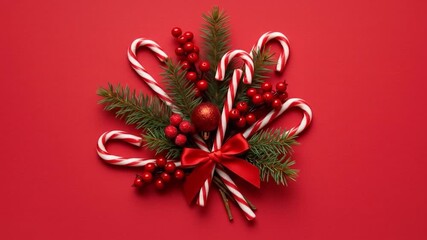 Candy canes, berries, fir branch, and ribbon on red background for holiday decor - Powered by Adobe